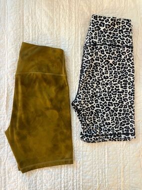 Biker Shorts Pair - Size Small - 7” inseam-  Olive Green and Black/White Leopard